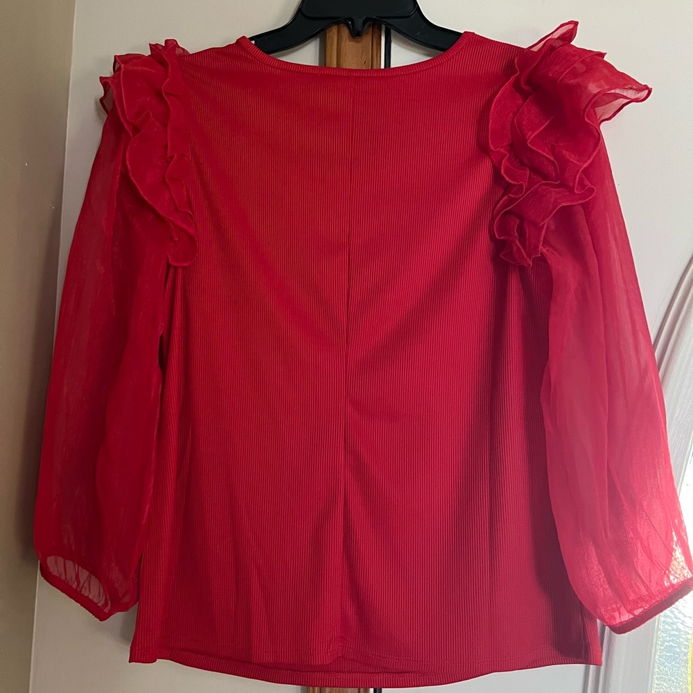 Red Ruffled Sleeve Women's Top - Picture 3 of 3